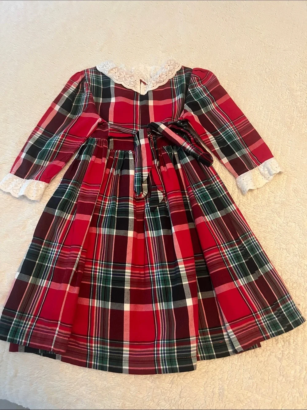 Children's Red & Green Plaid Holiday Dress with Lace Collar
